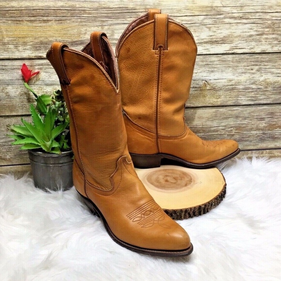 Vintage Shoes - Vintage Tan Brown Leather Mid Calf Cowboy Boots